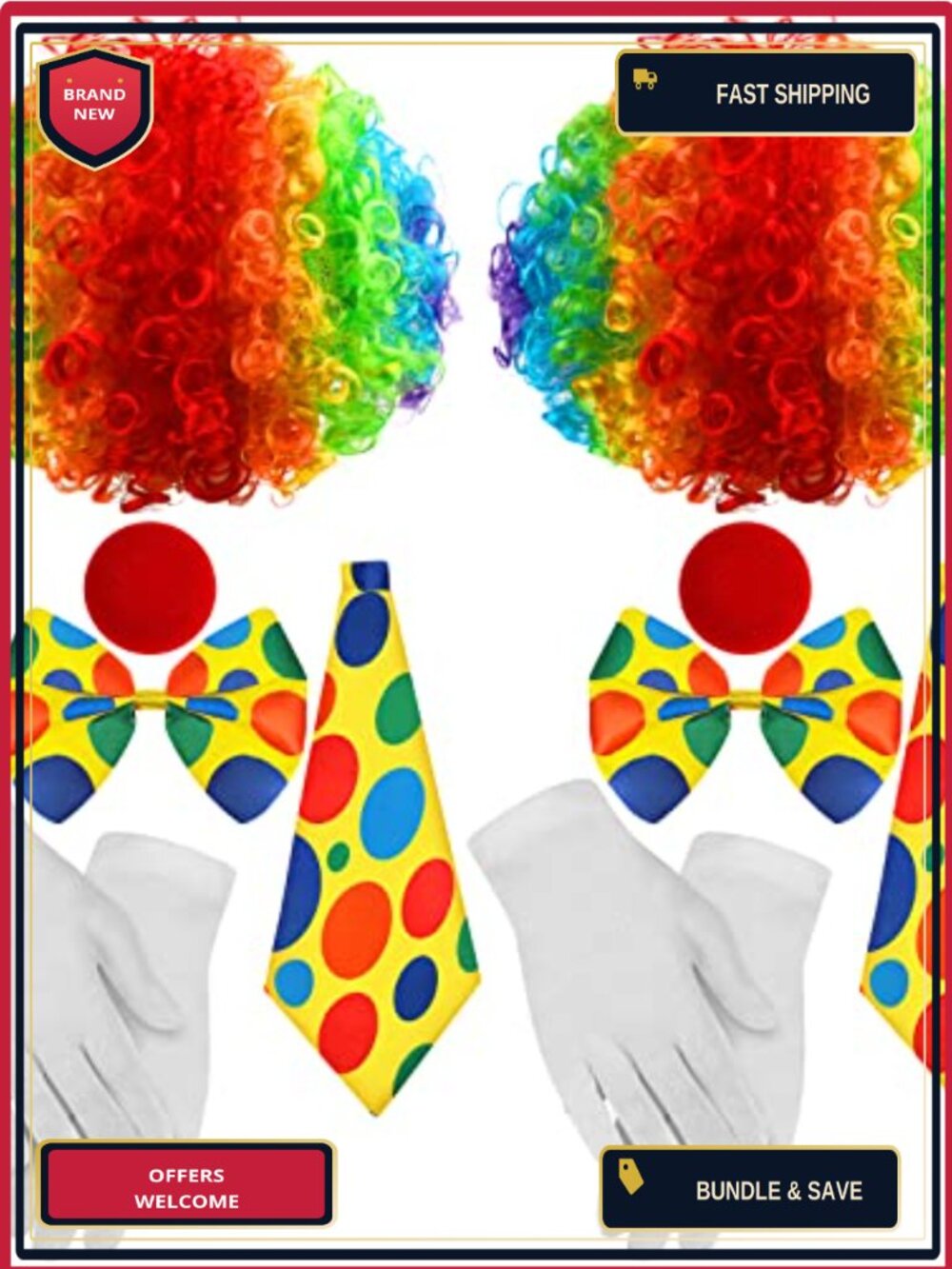 2 Set Clown Costume Accessory Kit Wig Nose Tie Gloves Bow Halloween Cosplay
